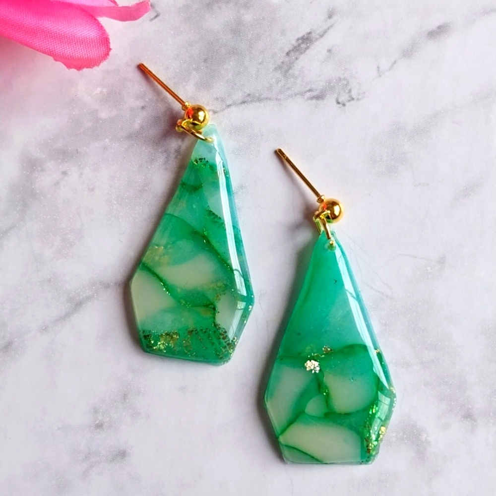 OpalGlaze Quartz Clay Earrings Green White Gold Hand crafted Earrings.